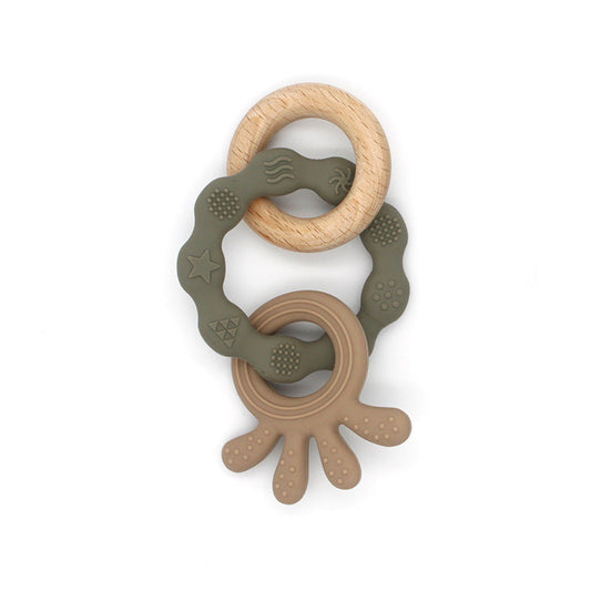 Soft Silicone & Wood Teether Toy – Pink or Green