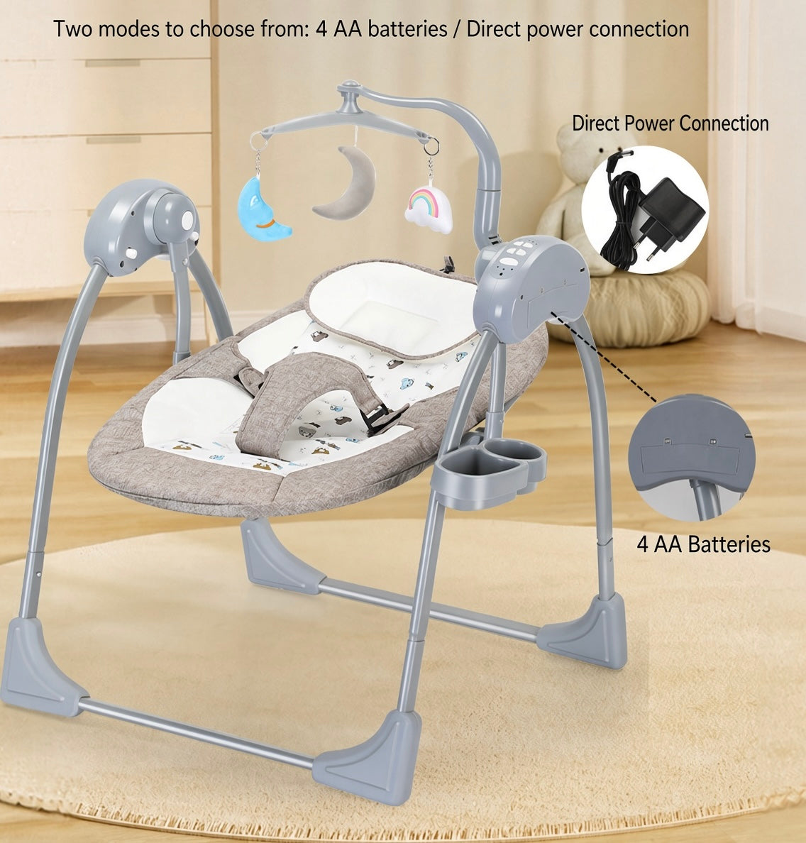Preorder - Serena Electric Baby Swing Rocker Grey with Toys, Cup Holder, Canopy and Music