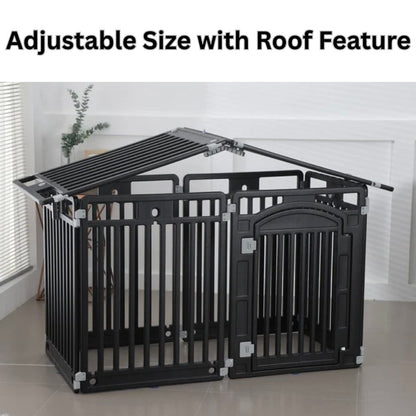 2 in 1 Pet House and
Adjustable Playpen with Roof Feature and Locking Door – BLACK