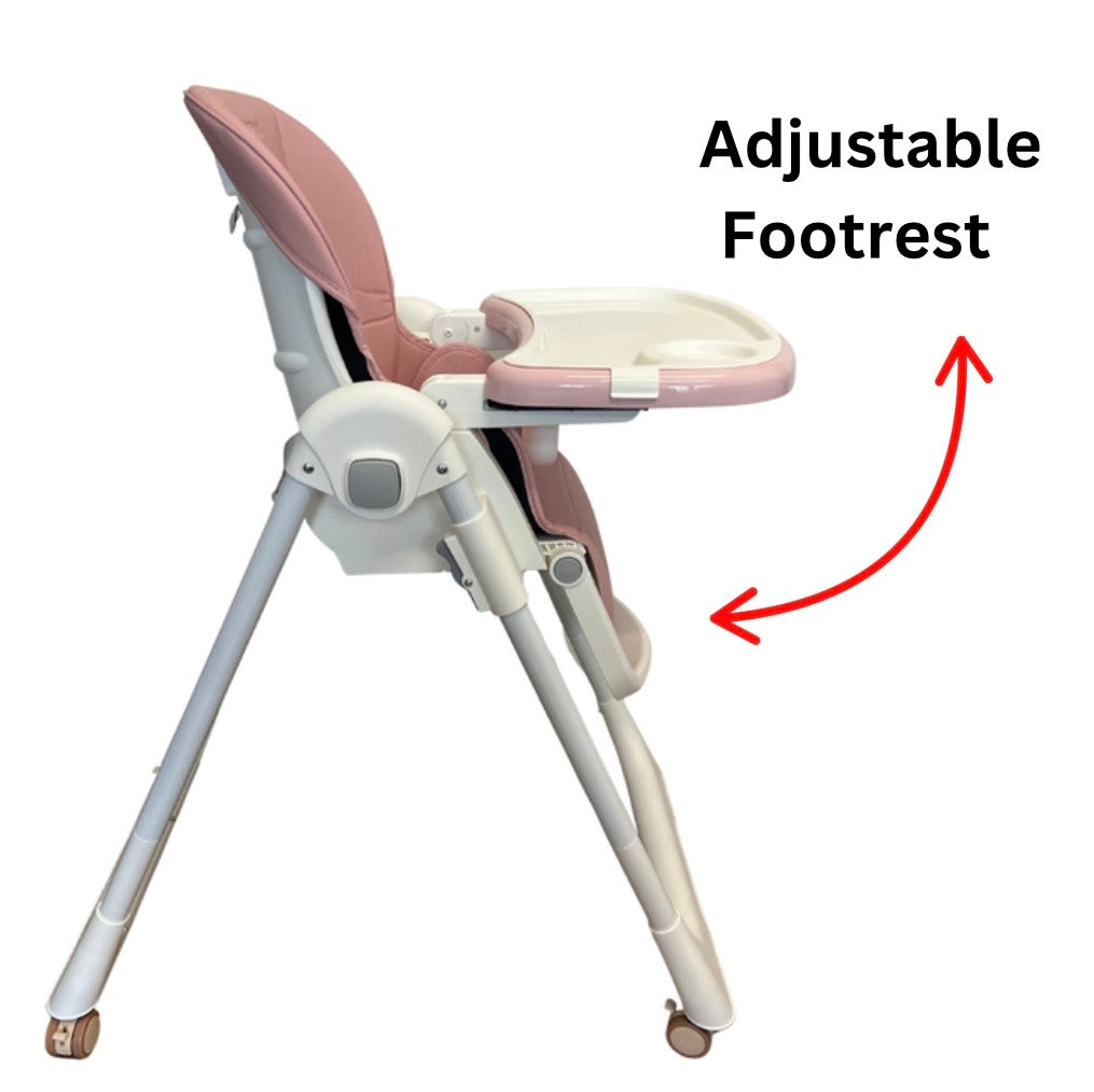 Elevate Adjustable and Folding High Chair with Locking Wheels & Storage Basket - PINK