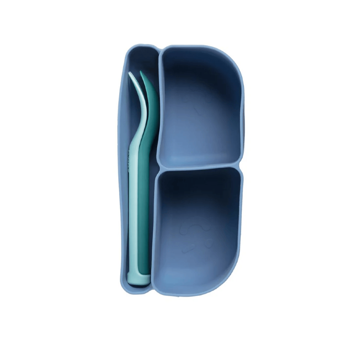 Blue divided snack container with a spoon on a white background