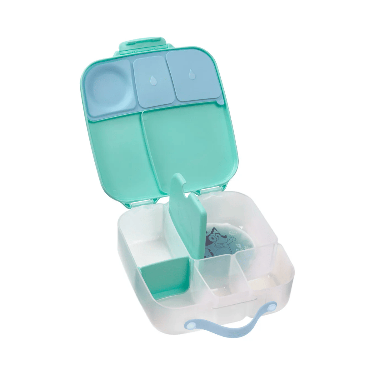 Green and white baby food storage container with compartments on a white background