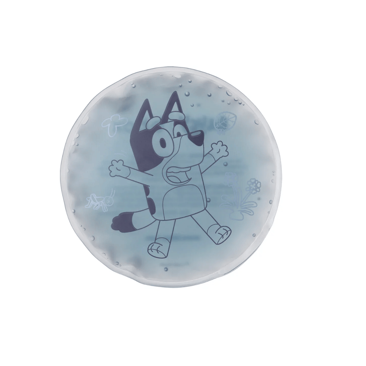 Circular blue gel pack with cartoon character on a white background