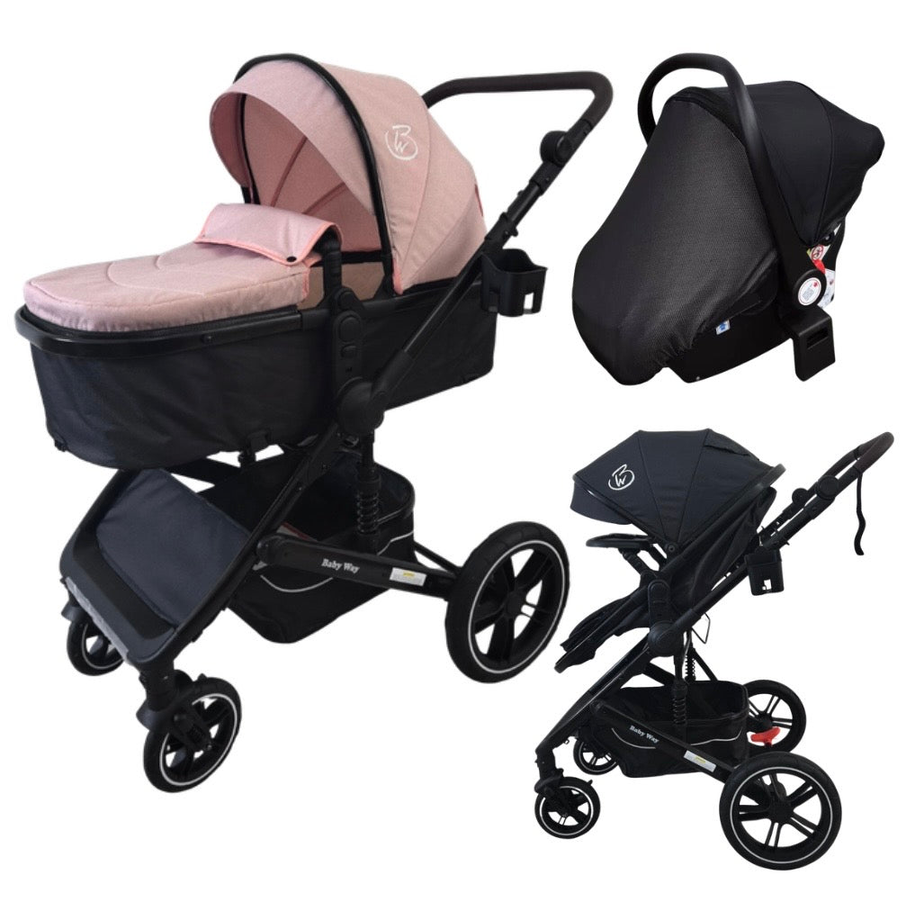 Evolve X - 3in1 Stroller + Bassinet + Capsule Travel System with Sunshade Sets & Food Tray & Pink Colour Pack