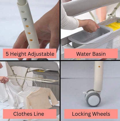 Foldable Baby Changing Table with Storage, Water Basin & Clothes Line