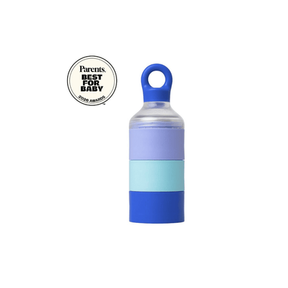 A STAINLESS STEEL CONTAINER USED FOR HOLDING BABIES FORMULA. A Parents Best For Baby award badge is shown to the upper left on a plain white background.