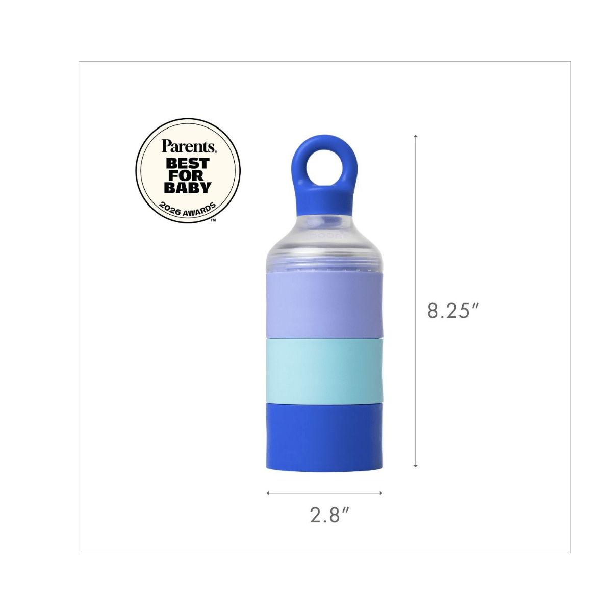 A STAINLESS STEEL CONTAINER USED FOR HOLDING BABIES FORMULA, with a blue loop cap, featuring a lavender purple middle band and a light blue bottom band, shown with dimension lines indicating a height of 8.25 inches and a diameter of 2.