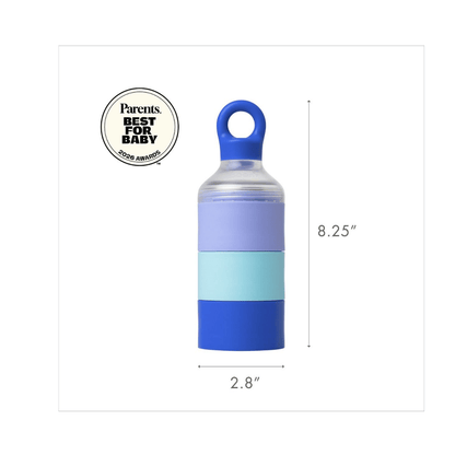 A STAINLESS STEEL CONTAINER USED FOR HOLDING BABIES FORMULA, with a blue loop cap, featuring a lavender purple middle band and a light blue bottom band, shown with dimension lines indicating a height of 8.25 inches and a diameter of 2.