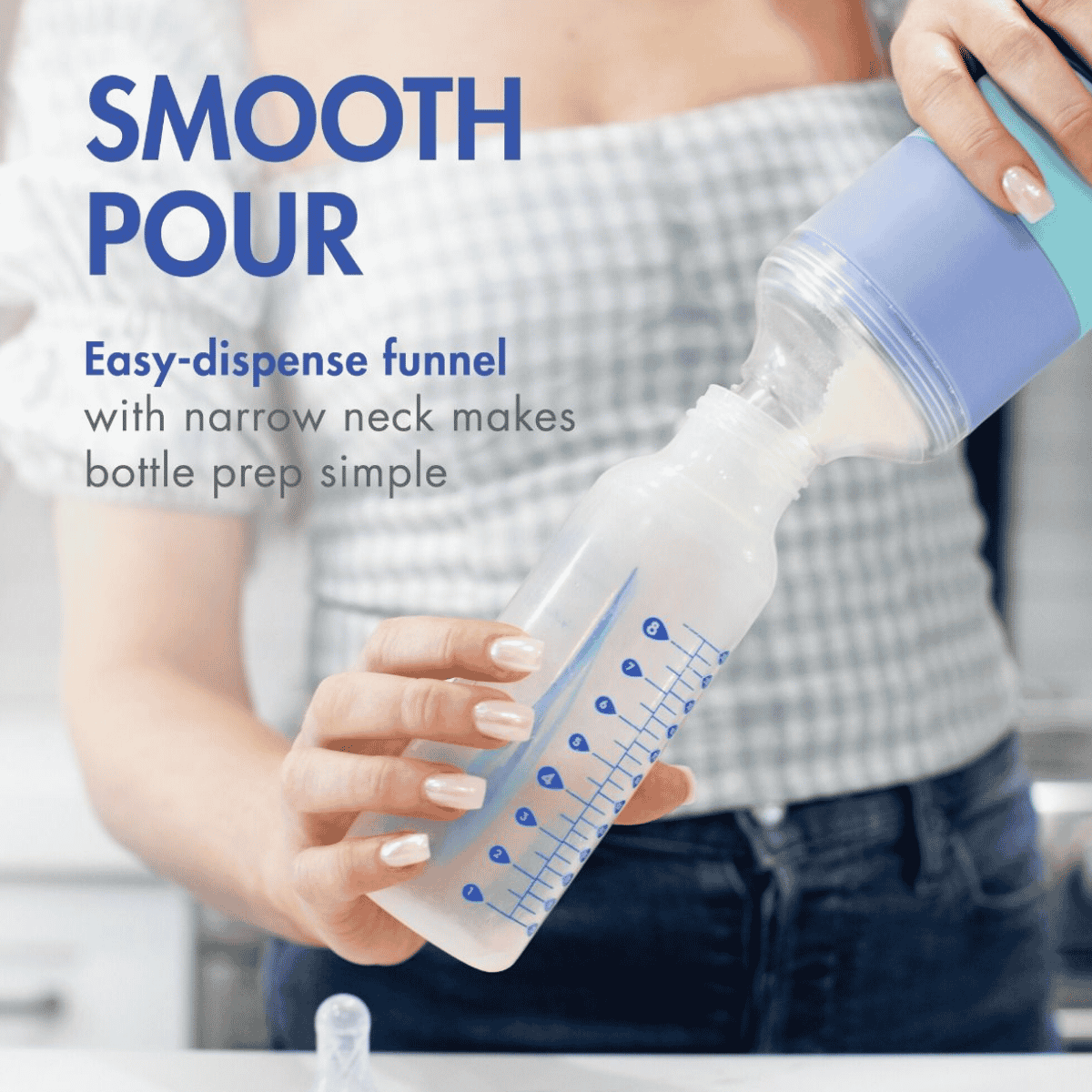 A person pouring formula from a light blue and teal easy-dispense funnel into a clear baby bottle with blue measurement markings. Large text on the left reads 'SMOOTH POUR' and 'Easy-dispense funnel with narrow neck makes bottle prep simple.
