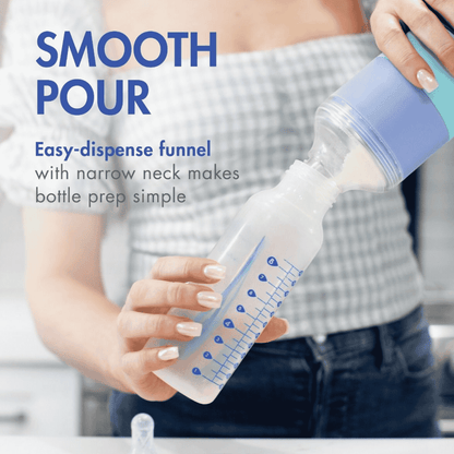 A person pouring formula from a light blue and teal easy-dispense funnel into a clear baby bottle with blue measurement markings. Large text on the left reads 'SMOOTH POUR' and 'Easy-dispense funnel with narrow neck makes bottle prep simple.