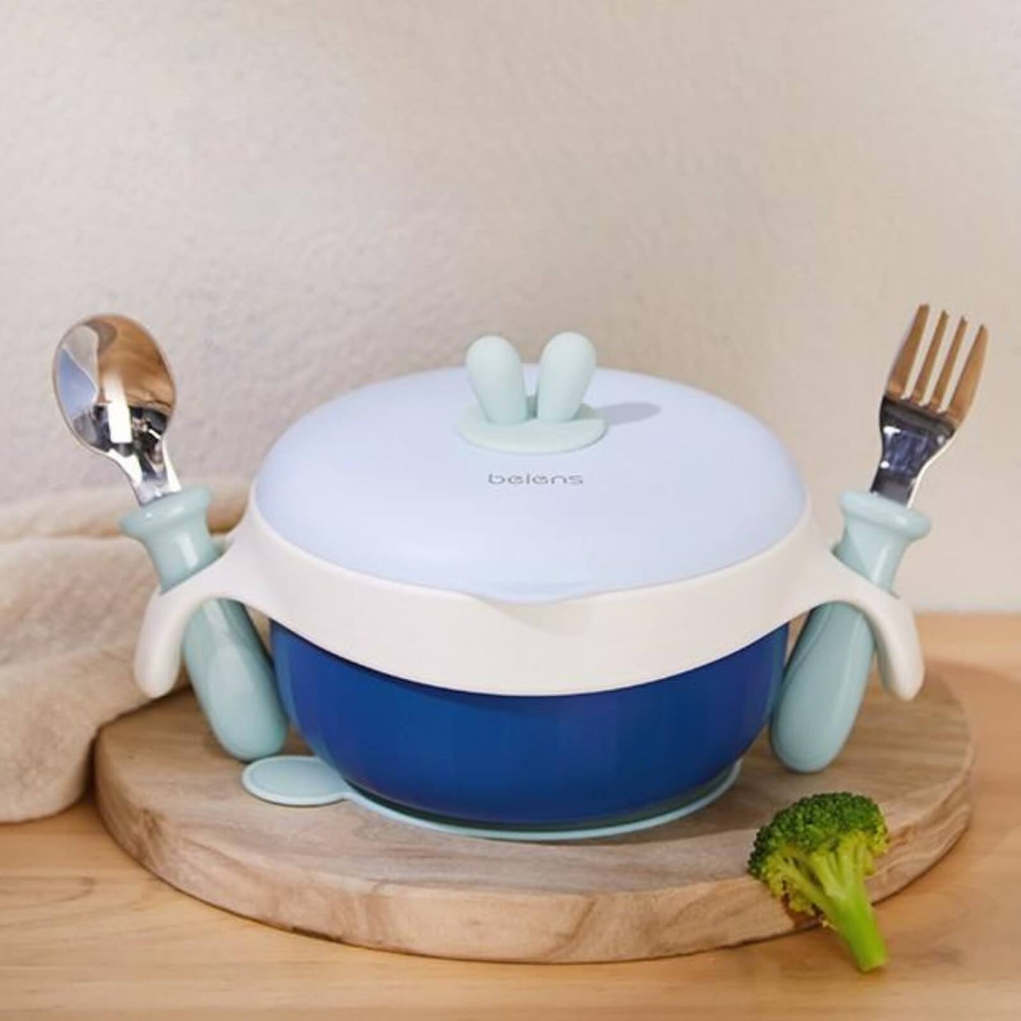 Thermal Stainless Steel Baby Toddler Suction Bowl Set (Spoon Fork )-Blue
