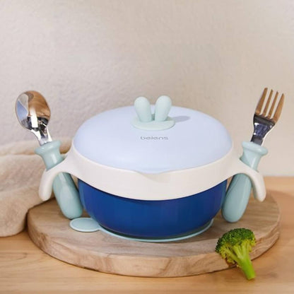 Thermal Stainless Steel Baby Toddler Suction Bowl Set (Spoon Fork )-Blue