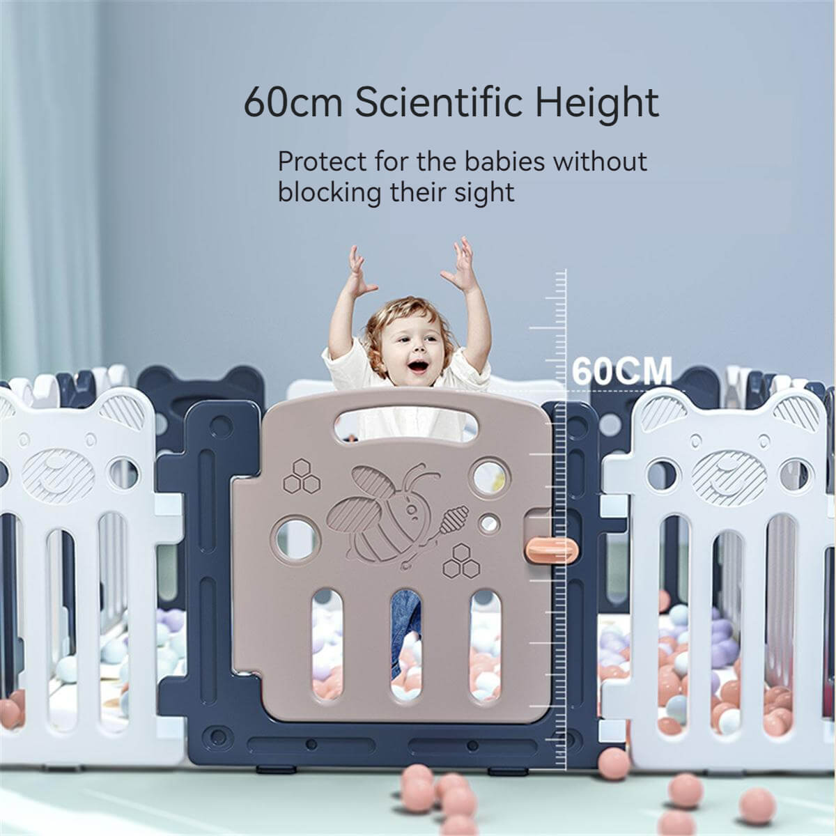 Baby Playpen 14+2 Panels (Little Bear & Bee)-Blue / White