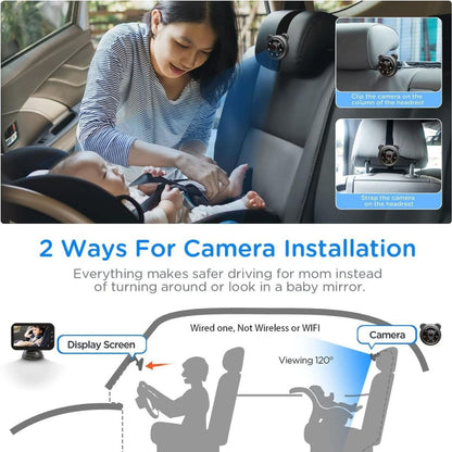 Woman installing a car camera system for safer driving with a baby in the back seat.