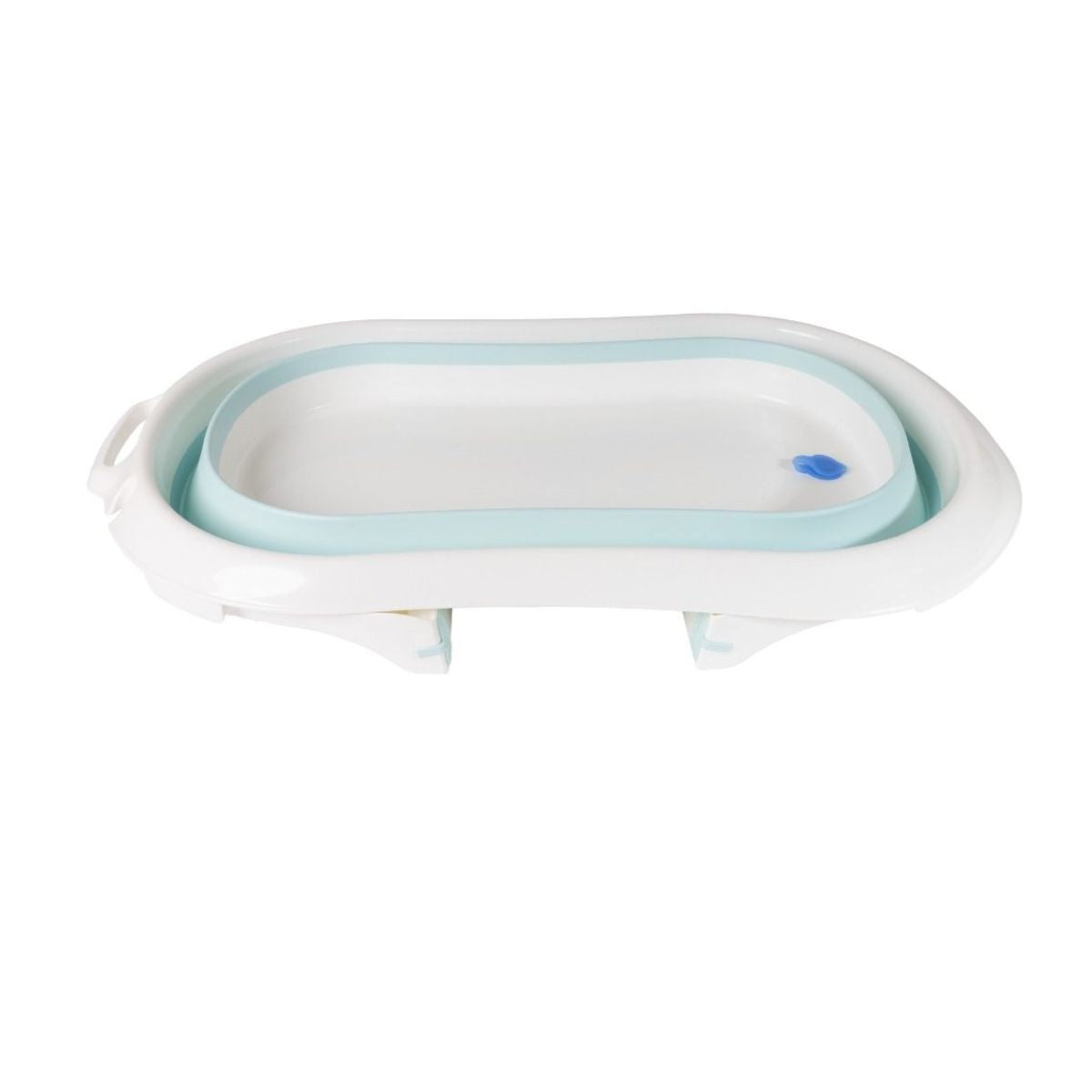 Collapsible white bathtub with blue interior on a white background