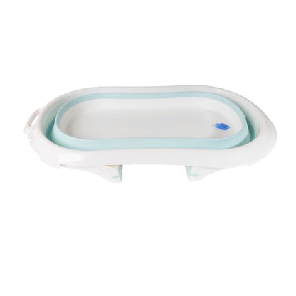 Collapsible white bathtub with blue interior on a white background