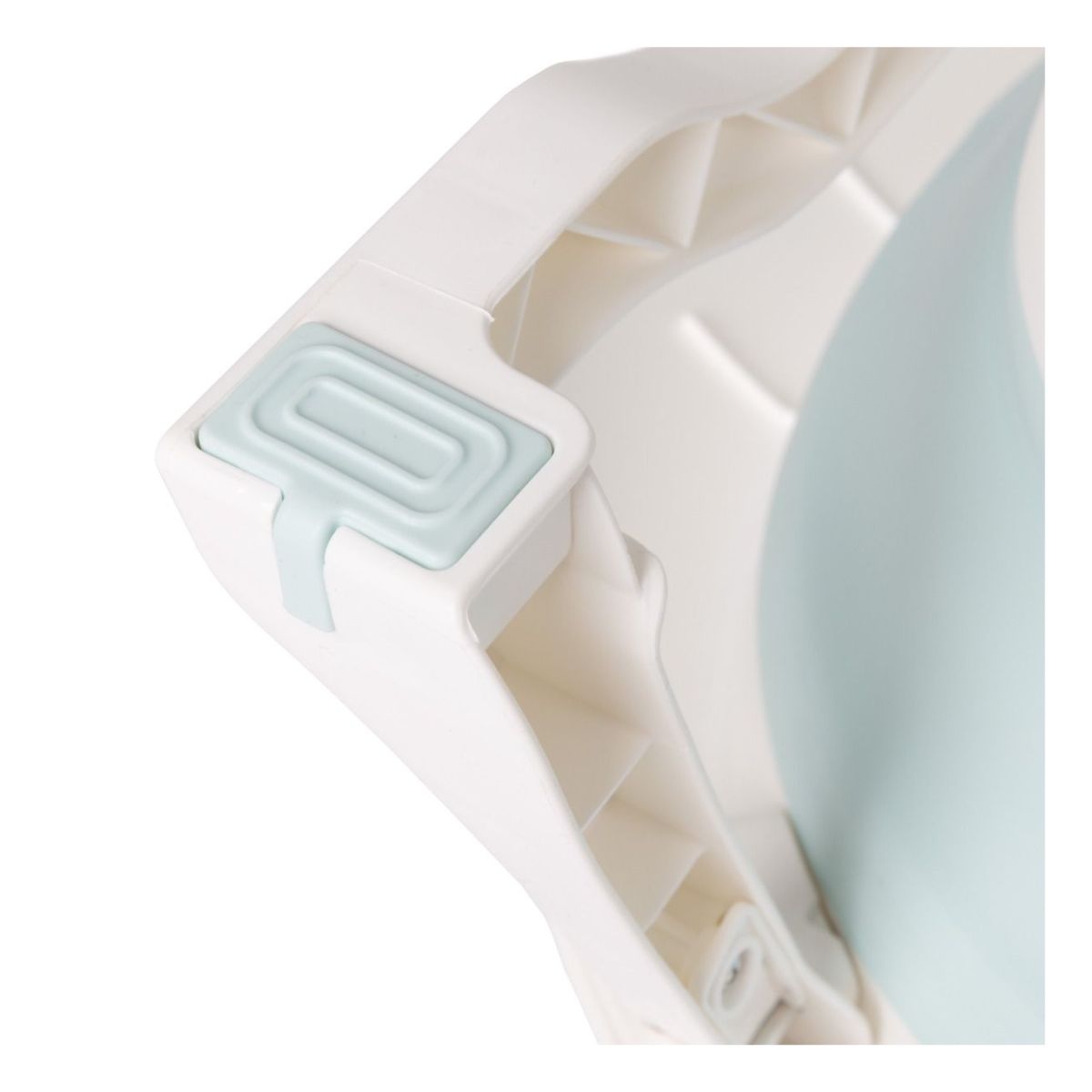 White and light blue bath tub showing non stick legs 