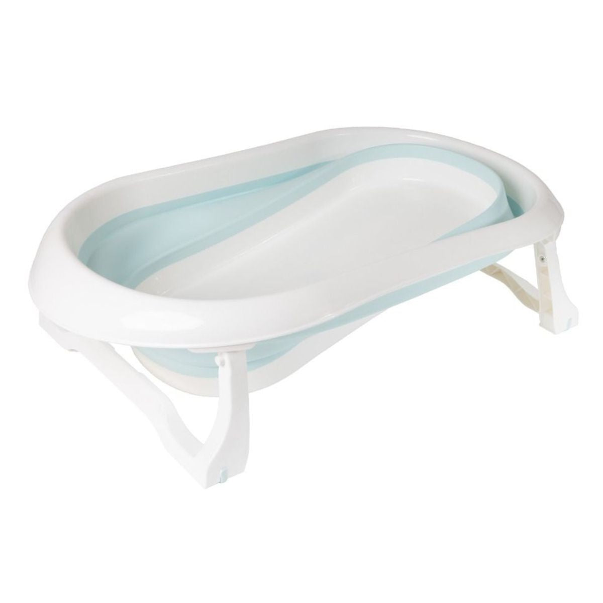 White and light blue baby bathtub on a white background showing tilt.