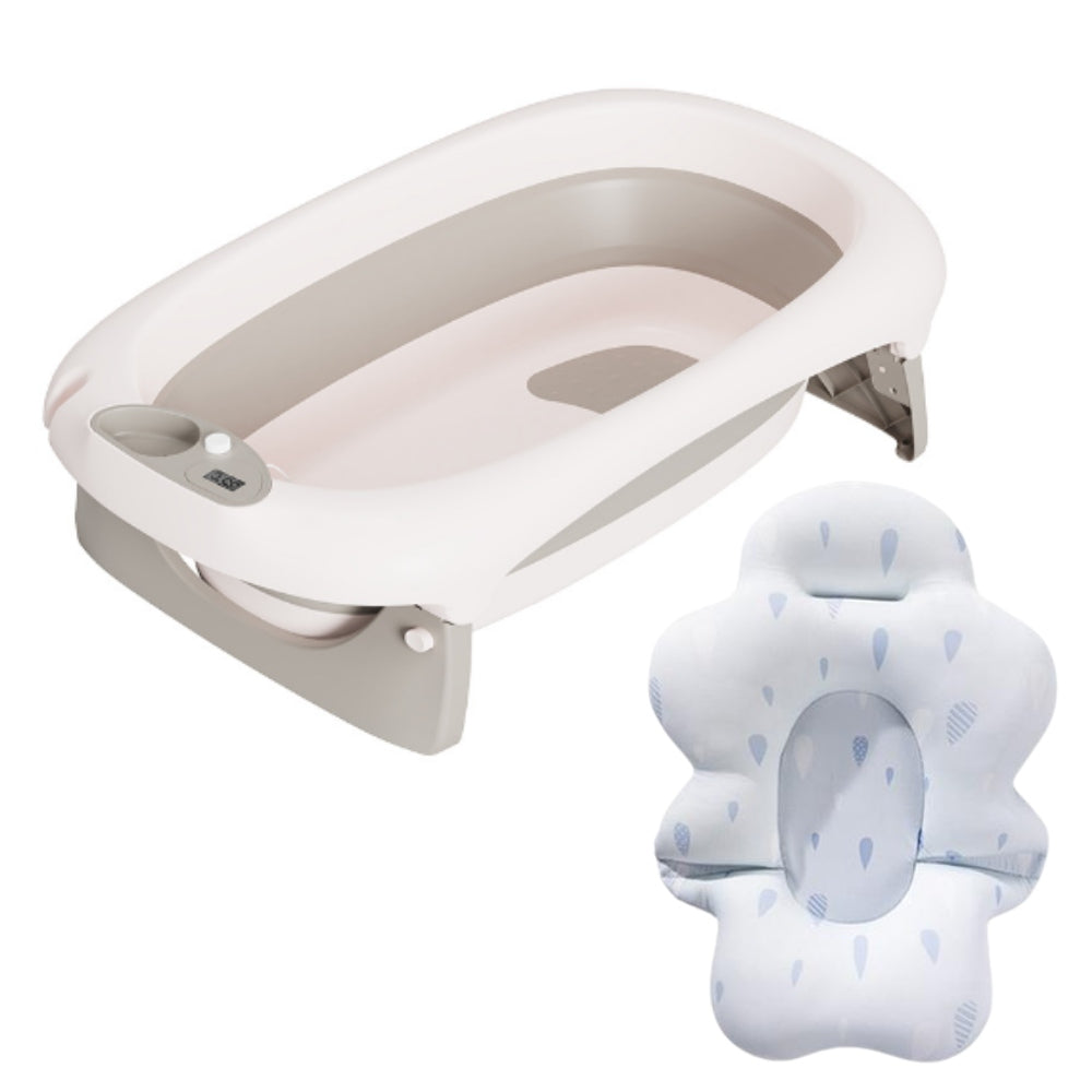 Foldable Baby Bath Tub & Soft Drying Bath Seat -Grey & Blue
