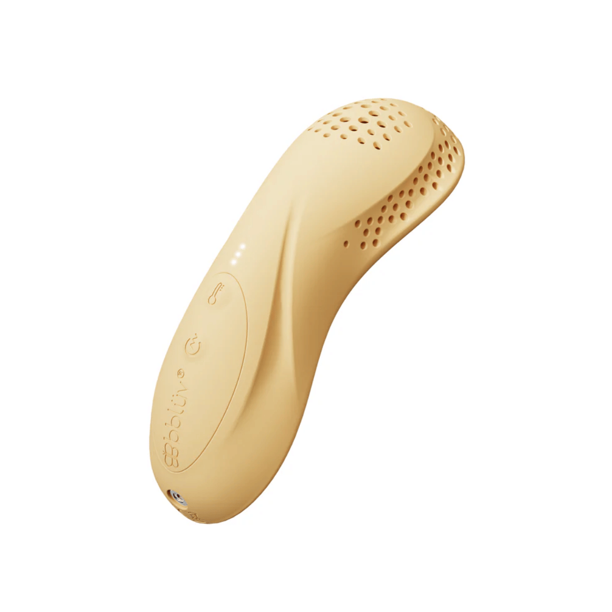 Beige electronic device suitable for breast massage to assist with breastfeeding with perforated design on a white background