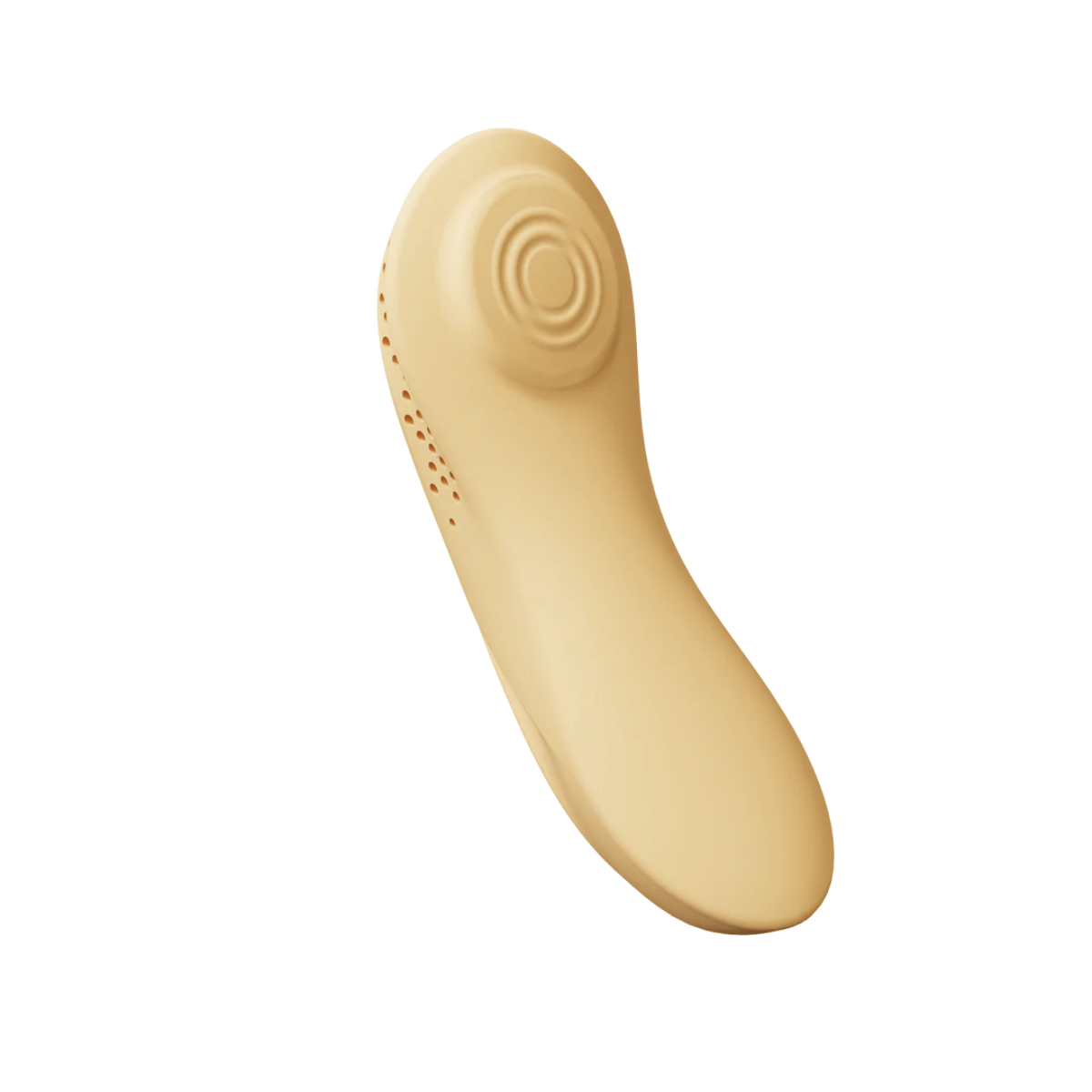 Beige electronic device suitable for breast massage to assist with breastfeeding with perforated design on a white background