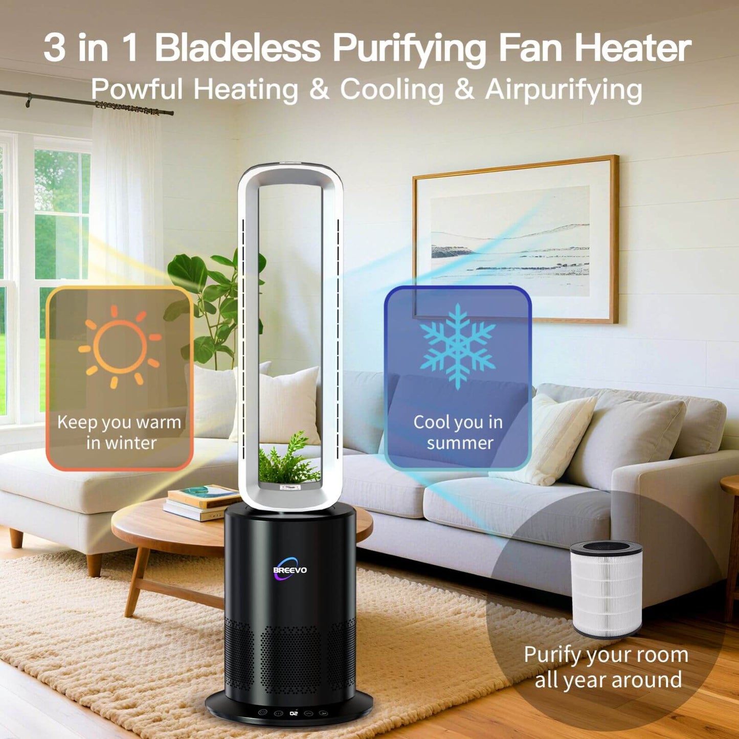3 in 1 Hot & Cool Bladeless Fan Heater with Air Purifier | PureAir | Silver/White