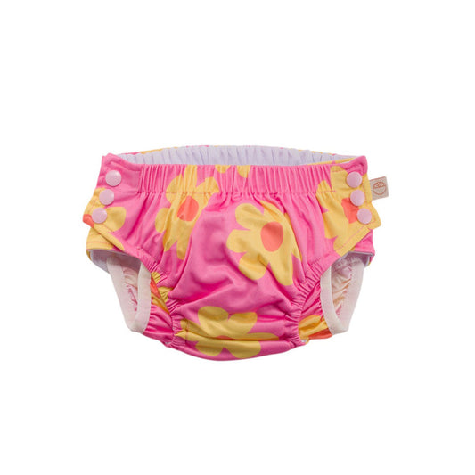 Pink diaper with yellow floral patterns on a white background