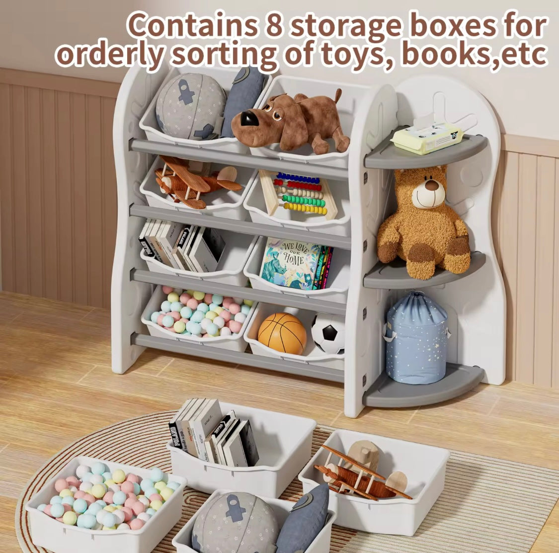 Treehouse Toy & Book Storage Shelf with 8 Bins – White & Grey