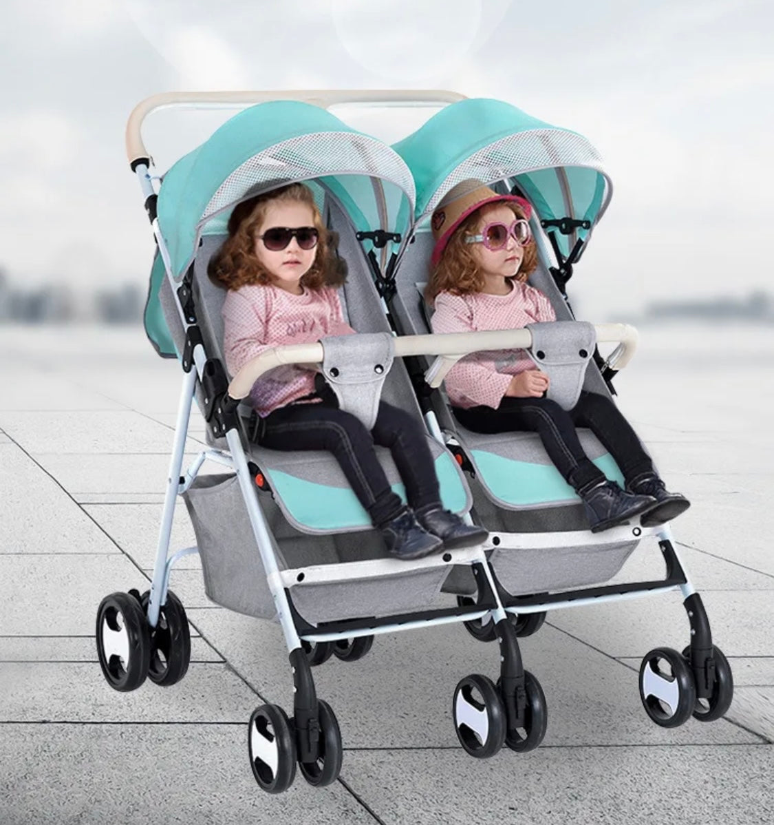 Black 2-Way Folding Compact Double / Twin Stroller + Rain Cover