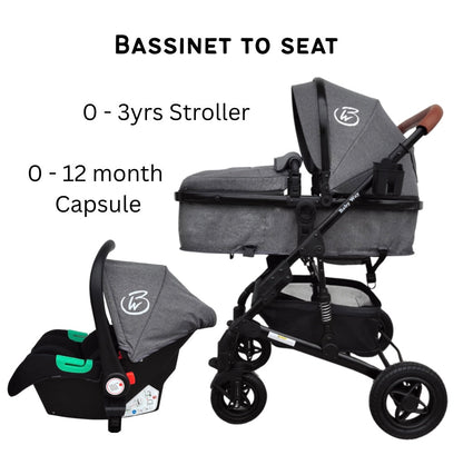 Rover Pro - 3 in 1 Stroller, Bassinet, Capsule Combo with Sunshade Sets and Foodtray - GREY