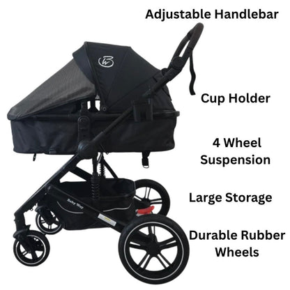 Preorder - Supra Black Bundle - 4in1 Stroller Buggy + Bassinet + Capsule with ISOFIX Base Combo with i-Size Royal 360 Rotating Convertible Car Seat