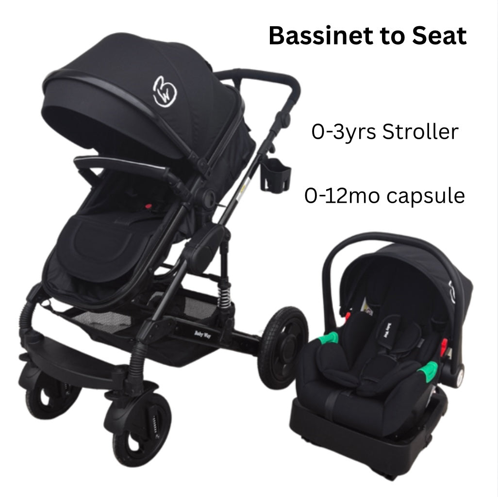 Ultra – 3 in 1 Stroller + Bassinet + Capsule Combo with Sunshade Sets and Food Tray - Black