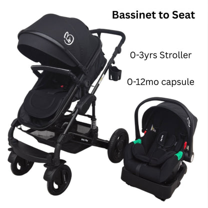 Ultra – 3 in 1 Stroller + Bassinet + Capsule Combo with Sunshade Sets and Food Tray - Black