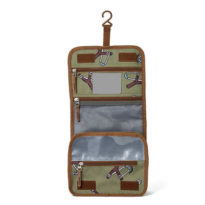 The green and brown design hanging open to show the size of the toiletry bag.