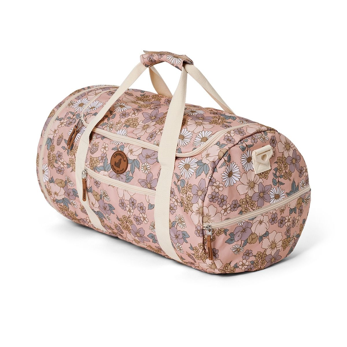 This Crywolf Packable Duffel is in a pink and white flower design. It is a great size for weekend trips and sleepovers.