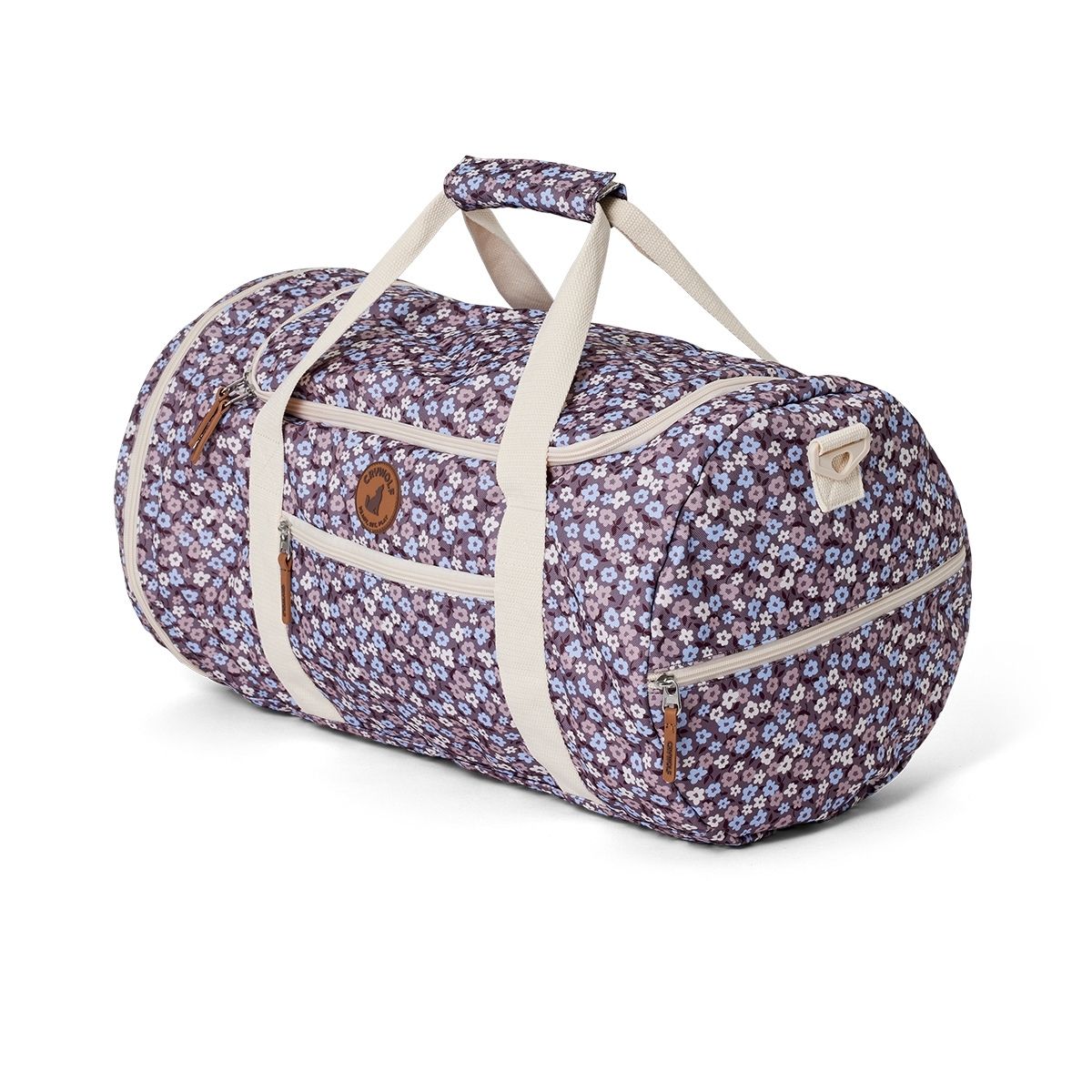 This Crywolf Packable Duffel is in a purple and white flower design. It is a great size for weekend trips and sleepovers.