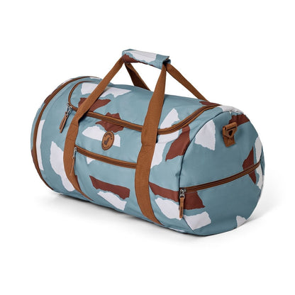 This Crywolf Packable Duffel is in a blue, white and brown design. It is a great size for weekend trips and sleepovers.