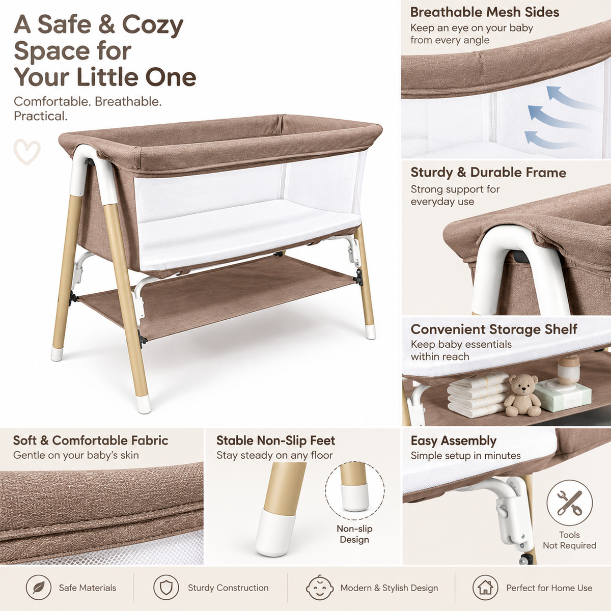 Preorder - Aurelia Taupe Bedside Baby Bassinet + Storage Shelf