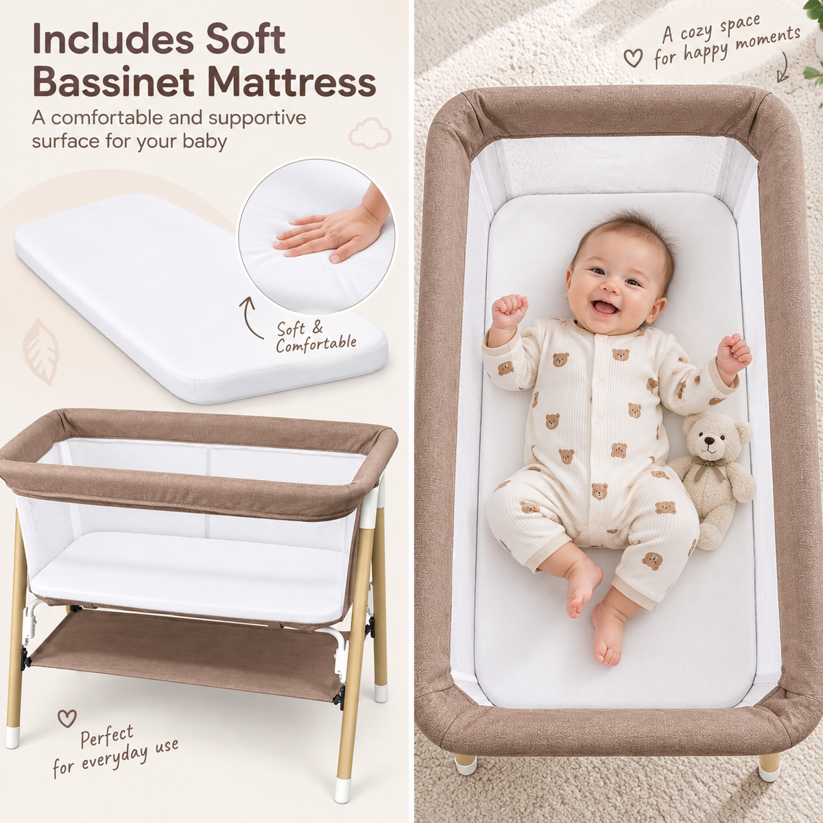 Preorder - Aurelia Taupe Bedside Baby Bassinet + Storage Shelf