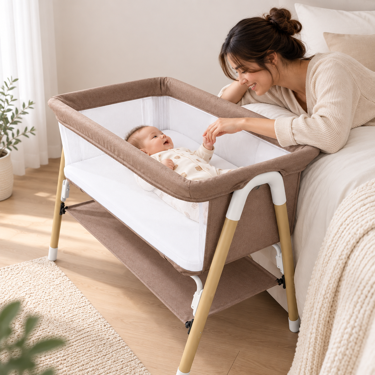 Preorder - Aurelia Taupe Bedside Baby Bassinet + Storage Shelf