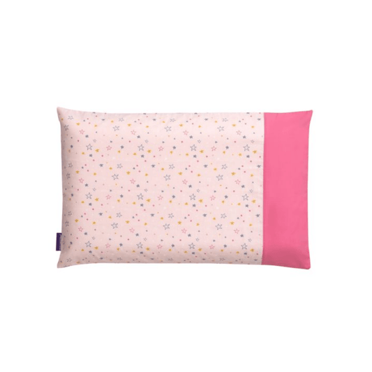 Rectangular pillow with floral pattern on one side and solid pink color on the other, on a white background.