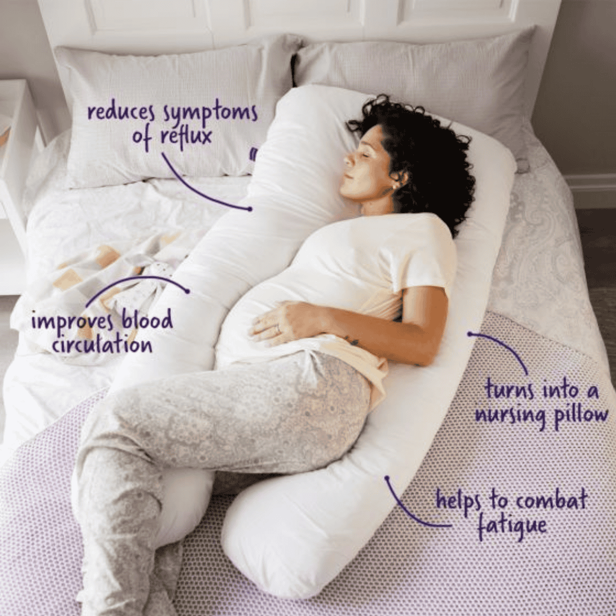Woman lying on a body pillow with text highlighting its benefits