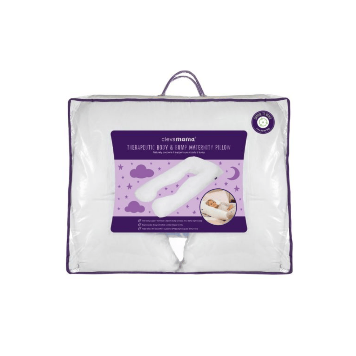 White  pregnancy pillow in a clear packaging with purple accents on a white background.