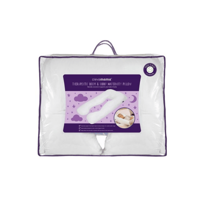 White  pregnancy pillow in a clear packaging with purple accents on a white background.