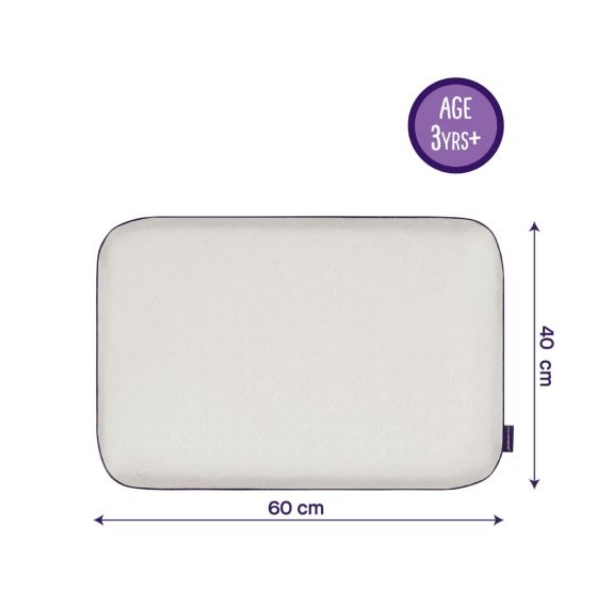 White pillow with dimensions and age recommendation on a white background