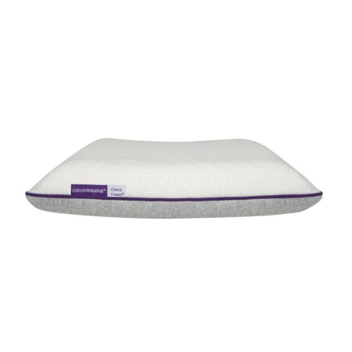 White pillow with purple logo on a white background