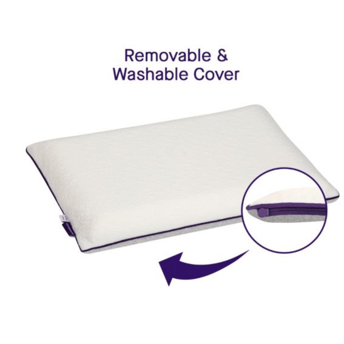 White pillow with purple zipper and text 'Removable & Washable Cover' on a white background