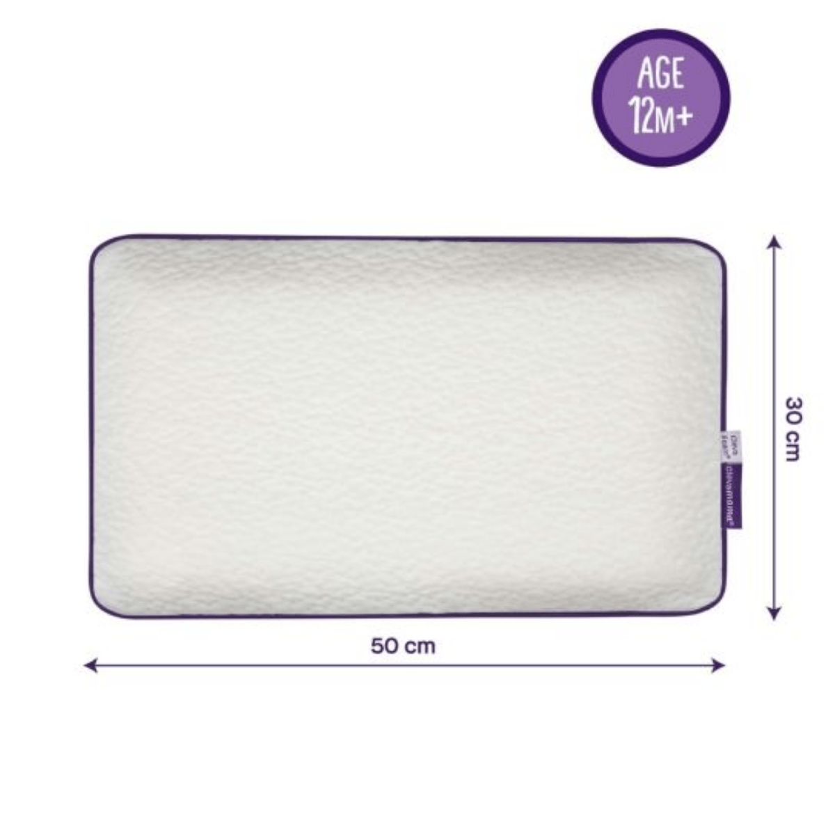 Baby cushion with dimensions and age recommendation on a white background