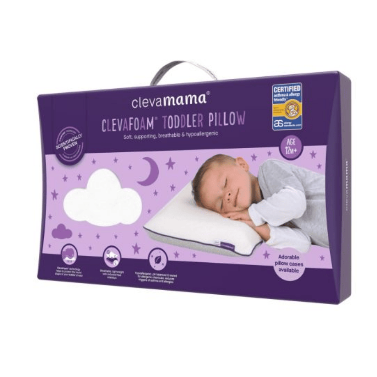 Clevamama Clevafoam toddler pillow packaging on a white background