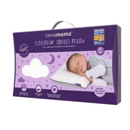 Clevamama Clevafoam toddler pillow packaging on a white background